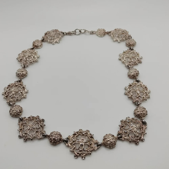 Antique Silver Tone Filigree Pendant Link Choker Style Necklace 16" - Picture 7 of 8